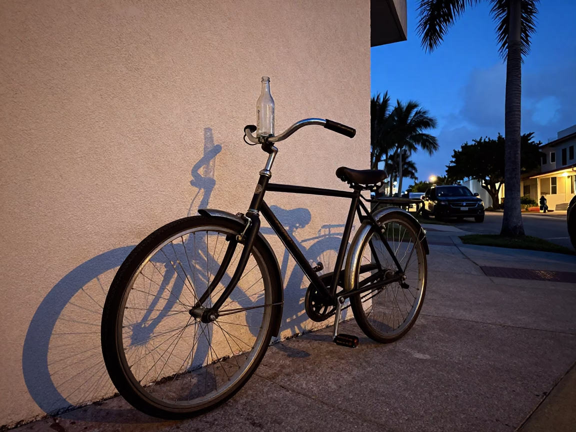 Blue Hour Miami Street Scene with Vintage Bicycle and Glass Bottle in in Miami, Florida, United States