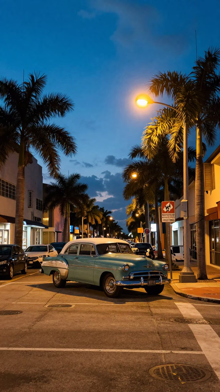 Blue Hour Miami Street Scene with Vintage Car and Urban Details in in Miami, Florida, United States