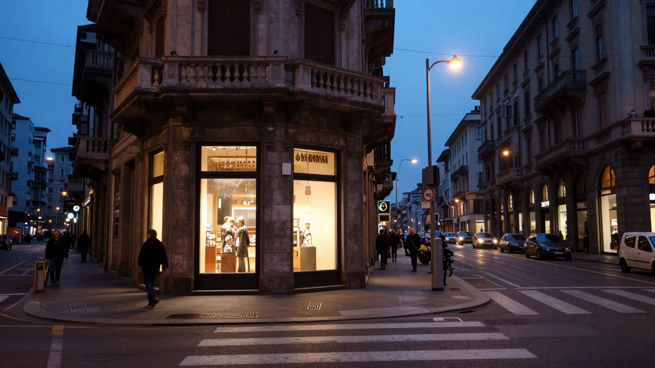 Blue Hour Milan Street Scene with Condensation on Glass and Warm Shop Interior in in Milan, Italy