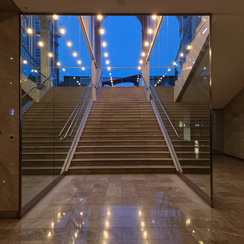 Blue Hour Mirror Hall Reflections Geneva in inside a tiled stair hall in Geneva