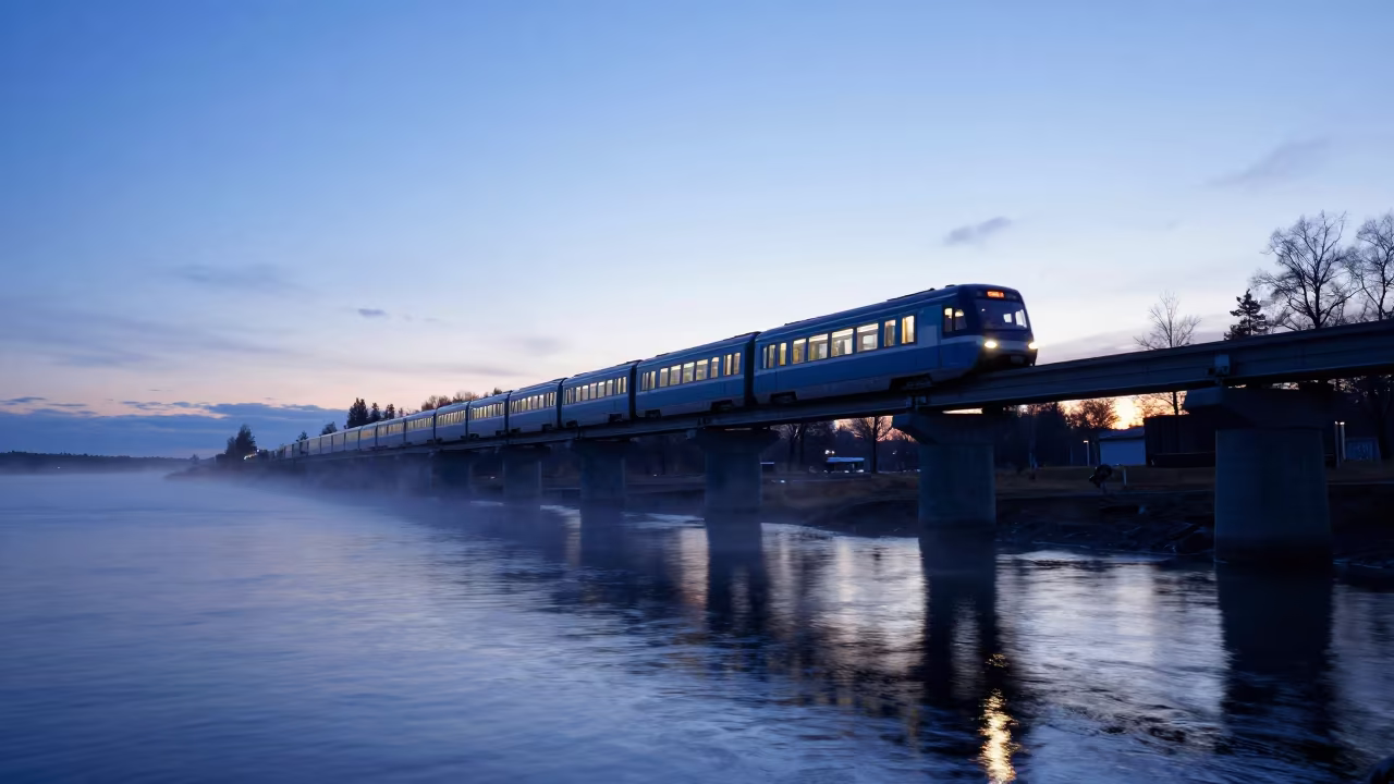 Blue Hour Monorail Over Finnish River Causeway in on a wind-open causeway in Finland