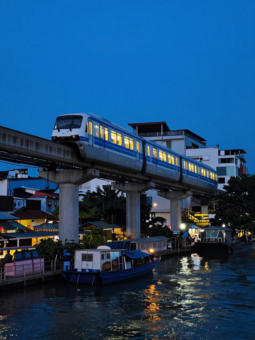 Blue Hour Monorail Sweep Over Saigon River Street Life in in Ho Chi Minh City, Vietnam