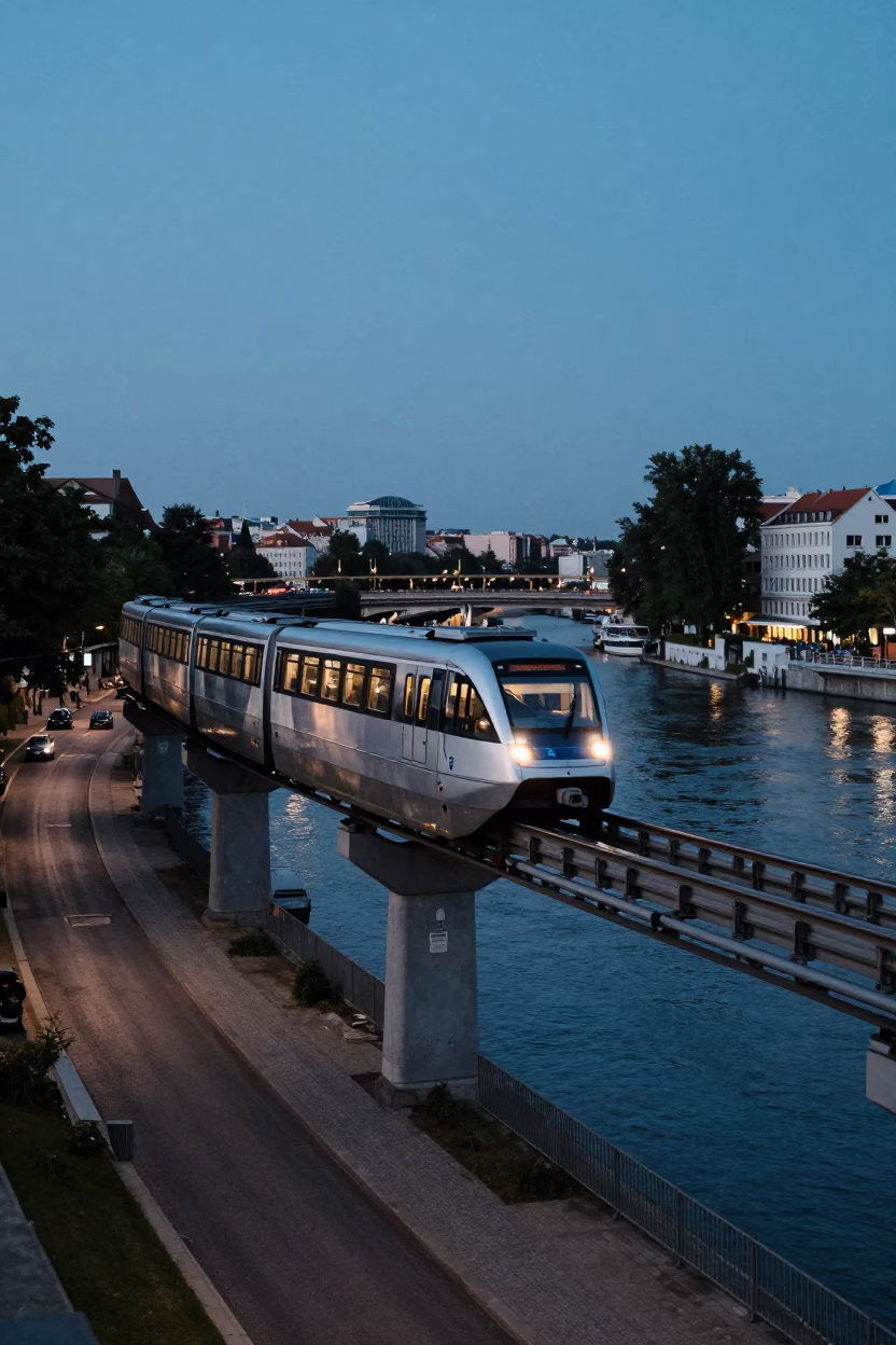 Blue Hour Monorail Sweeping Over Brussels River With Street Life Below in in Brussels, Belgium