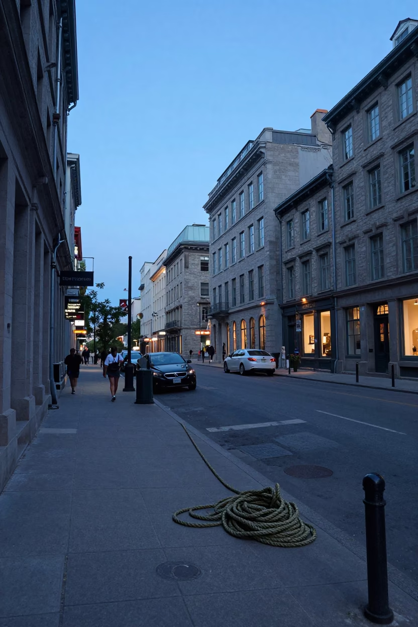 Blue Hour Montreal Street Scene with Coiled Rope and Urban Architecture in in Montreal, Quebec, Canada