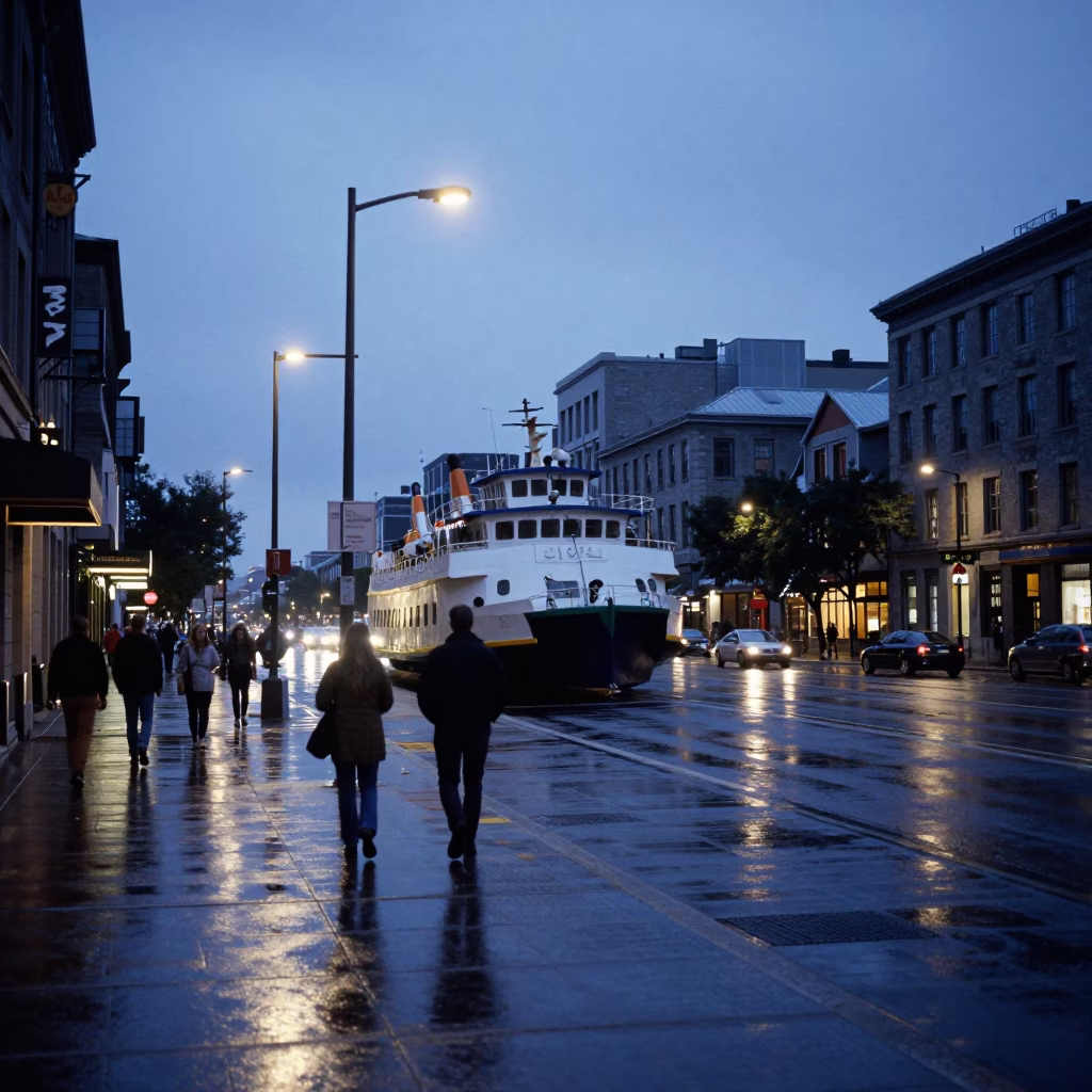 Blue Hour Montreal Street Scene with Ferry and Urban Architecture in in Montreal, Quebec, Canada