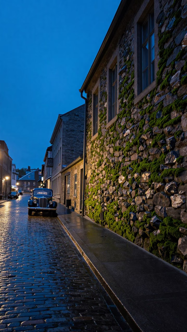 Blue Hour Montreal Street Scene with Vintage Car and Mossy Stone Wall in in Montreal, Quebec, Canada