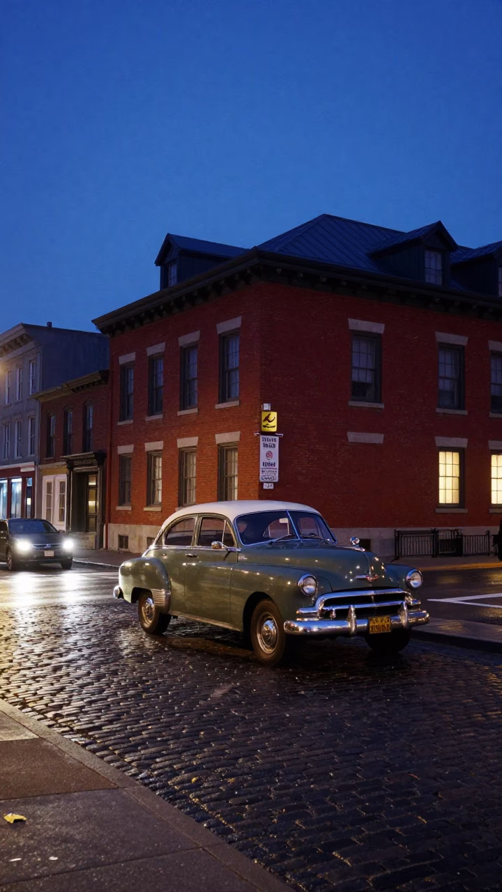Blue Hour Montreal Street Scene with Vintage Car and Red Brick Architecture in in Montreal, Quebec, Canada