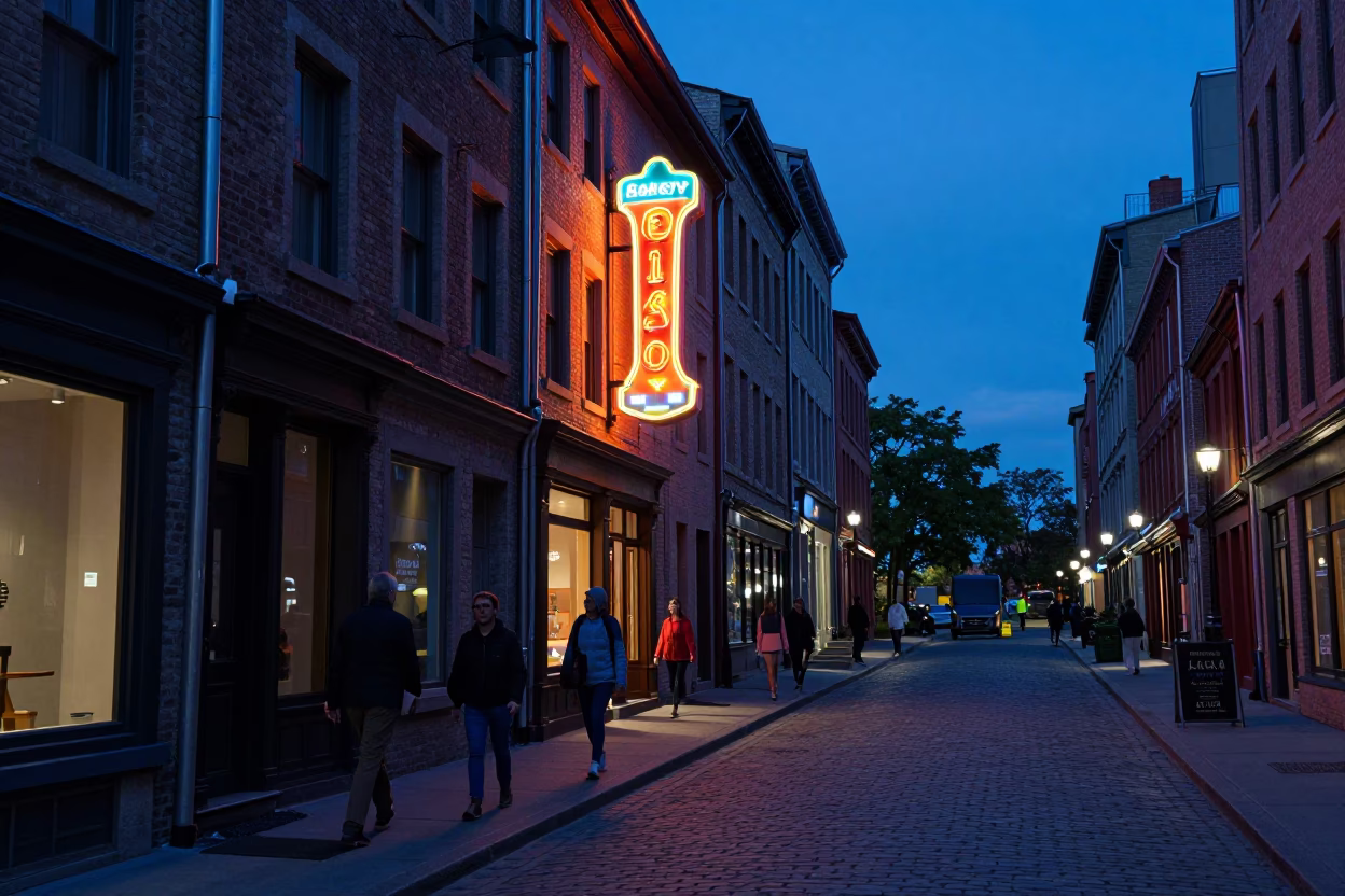 Blue Hour Montreal Street Scene with Vintage Signage and Pedestrians in Quebec in in Montreal, Quebec, Canada