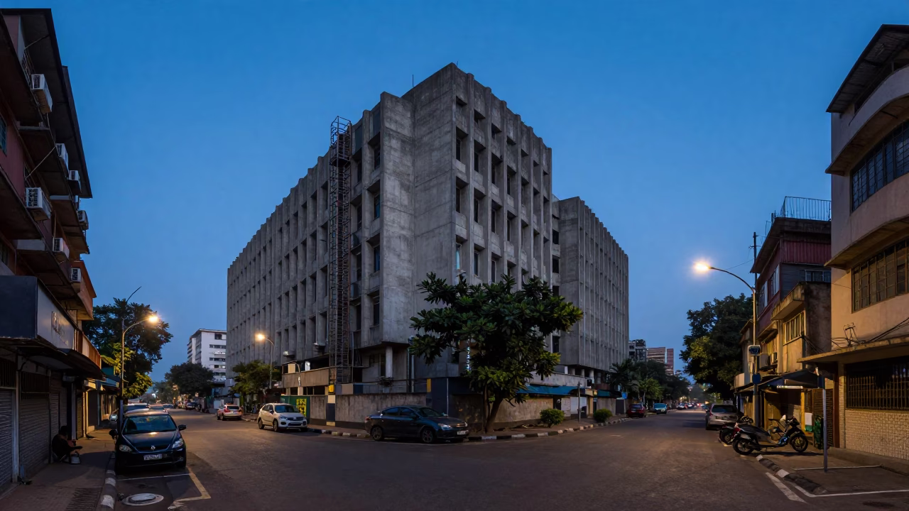 Blue Hour Mumbai Street Scene with Concrete Brutalist Architecture and Steel Details in in Mumbai, India