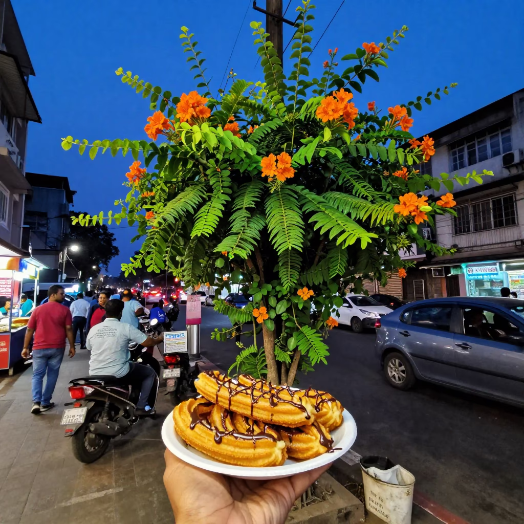 Blue Hour Mumbai Street Scene with Flowering Plant and Churros in in Mumbai, India