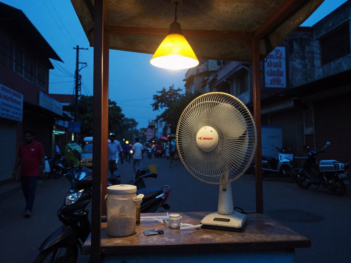 Blue Hour Mumbai Street Scene with Hanging Lampshade and Table Fan in in Mumbai, India