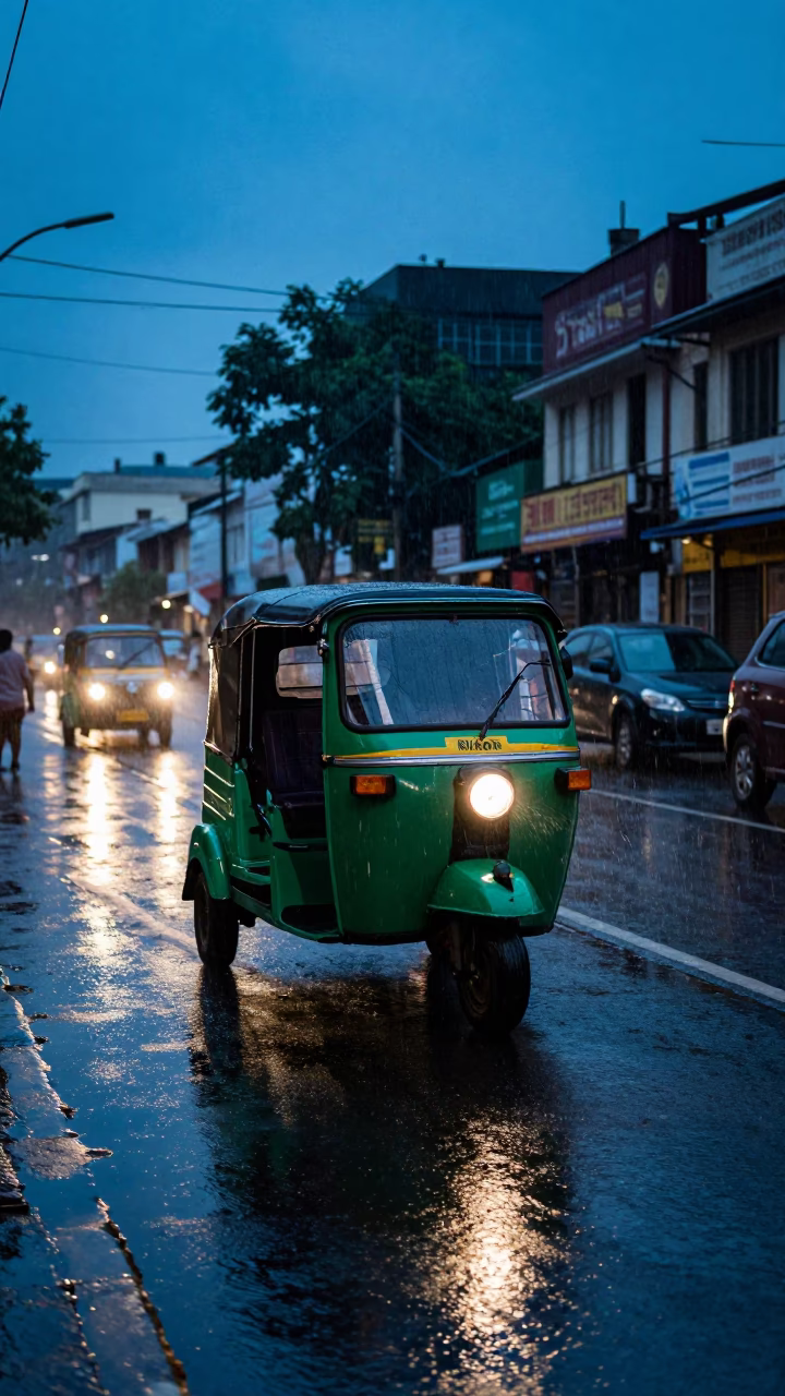 Blue Hour Mumbai Street Scene with Rickshaw in Rain and Gliding Monorail in in Mumbai, India