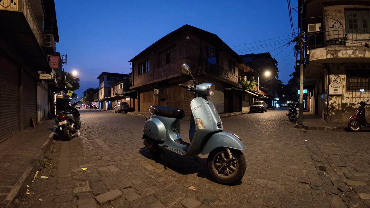 Blue Hour Mumbai Street Scene with Vintage Vespa and Urban Life in in Mumbai, India