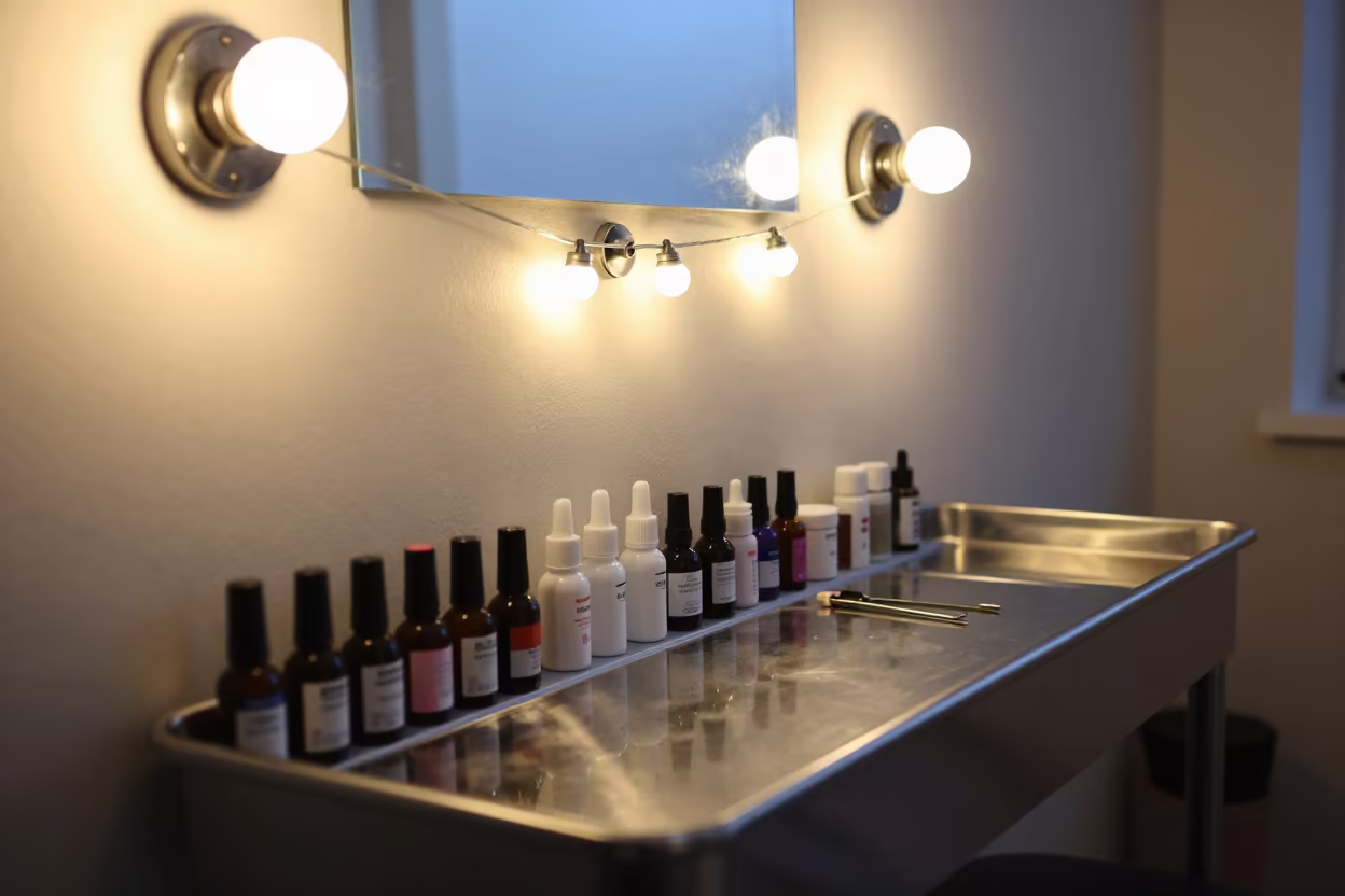 Blue Hour Nail Studio Wall and Tray in at a barber station beneath mirror bulbs in Palo Negro