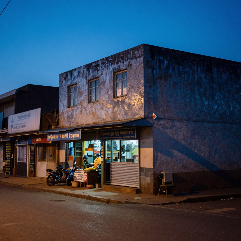 Blue Hour Nairobi Street Scene with Condensation on Plaster Wall and Window Light in in Nairobi, Kenya