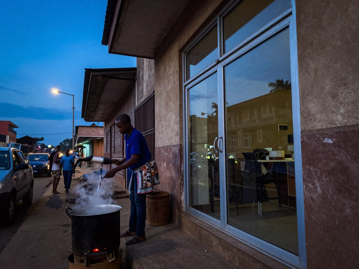 Blue Hour Nairobi Street Scene with Cooking Pot and Glass Doorframe at Dusk in in Nairobi, Kenya
