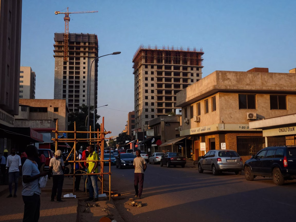 Blue Hour Nairobi Street Scene with Scaffolding Workers and Urban Life in in Nairobi, Kenya