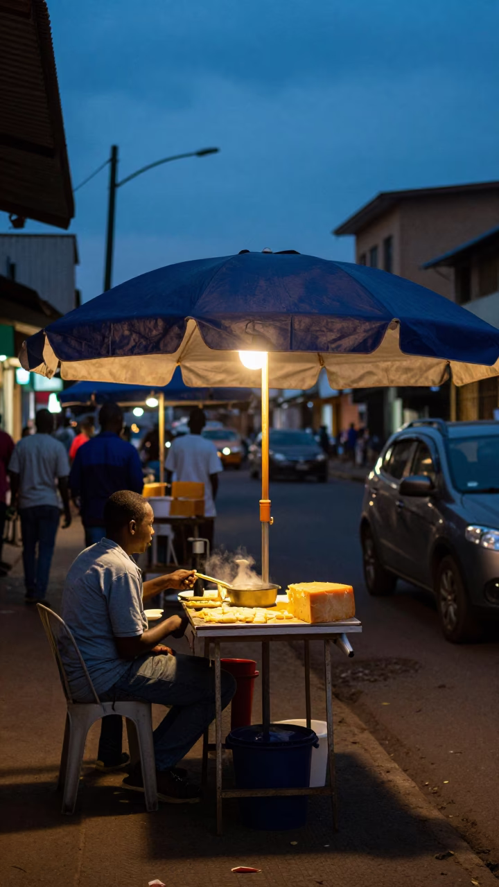 Blue Hour Nairobi Street Scene with Umbrella Stand and Melted Cheese in in Nairobi, Kenya