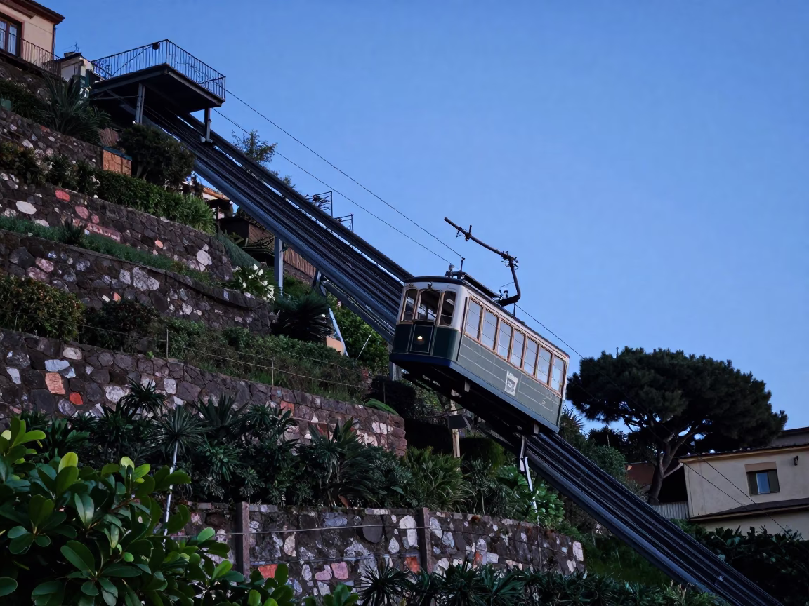 Blue Hour Naples Funicular Railway Climbing Terraced Gardens Under Twilight Sky in in Naples, Italy