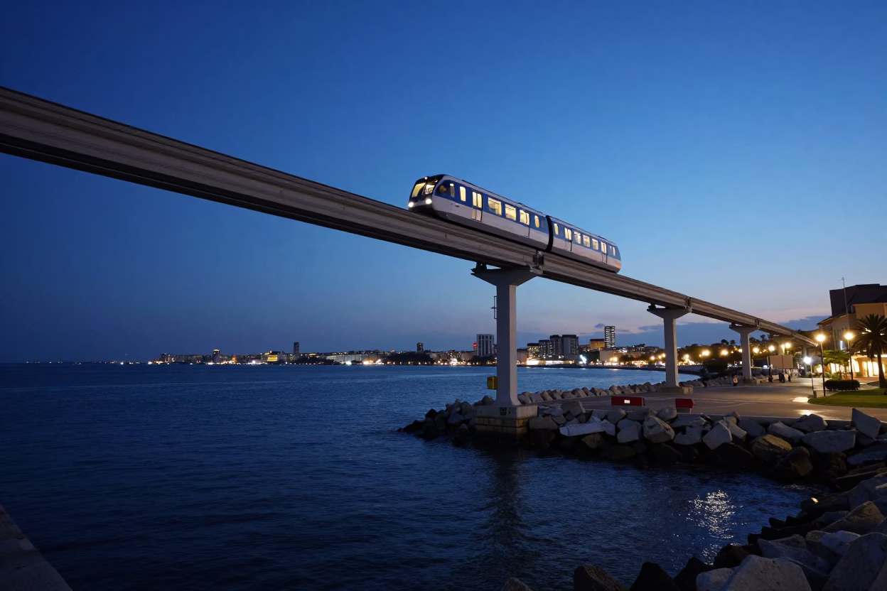 Blue Hour Naples Harbor View with Monorail and City Lights in in Naples, Italy