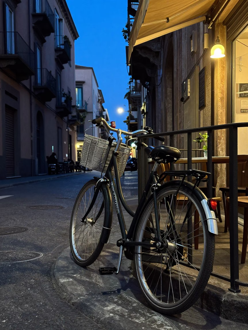 Blue Hour Naples Street Scene Bicycle Leaning Cafe Lint Fabric Detail in in Naples, Italy