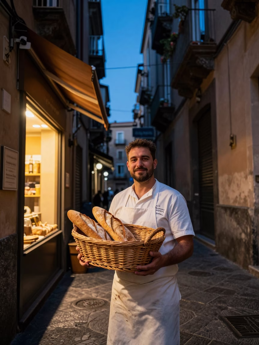 Blue Hour Naples Street Scene With Baker And Bread Basket in in Naples, Italy