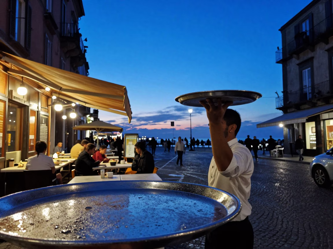 Blue Hour Naples Street Scene with Condensation on Tray Corner and Local Dining in in Naples, Italy