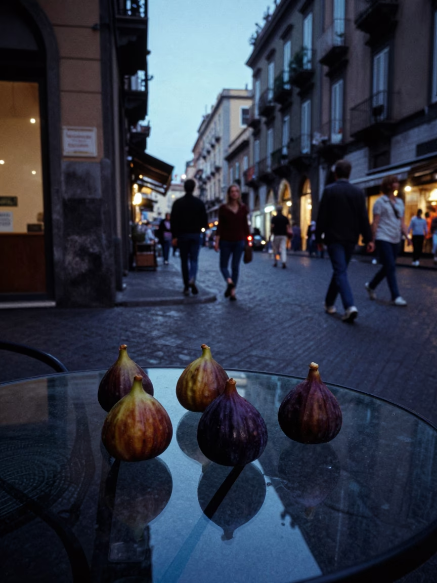 Blue Hour Naples Street Scene with Figs and Glass Tabletop Candid Moment in in Naples, Italy