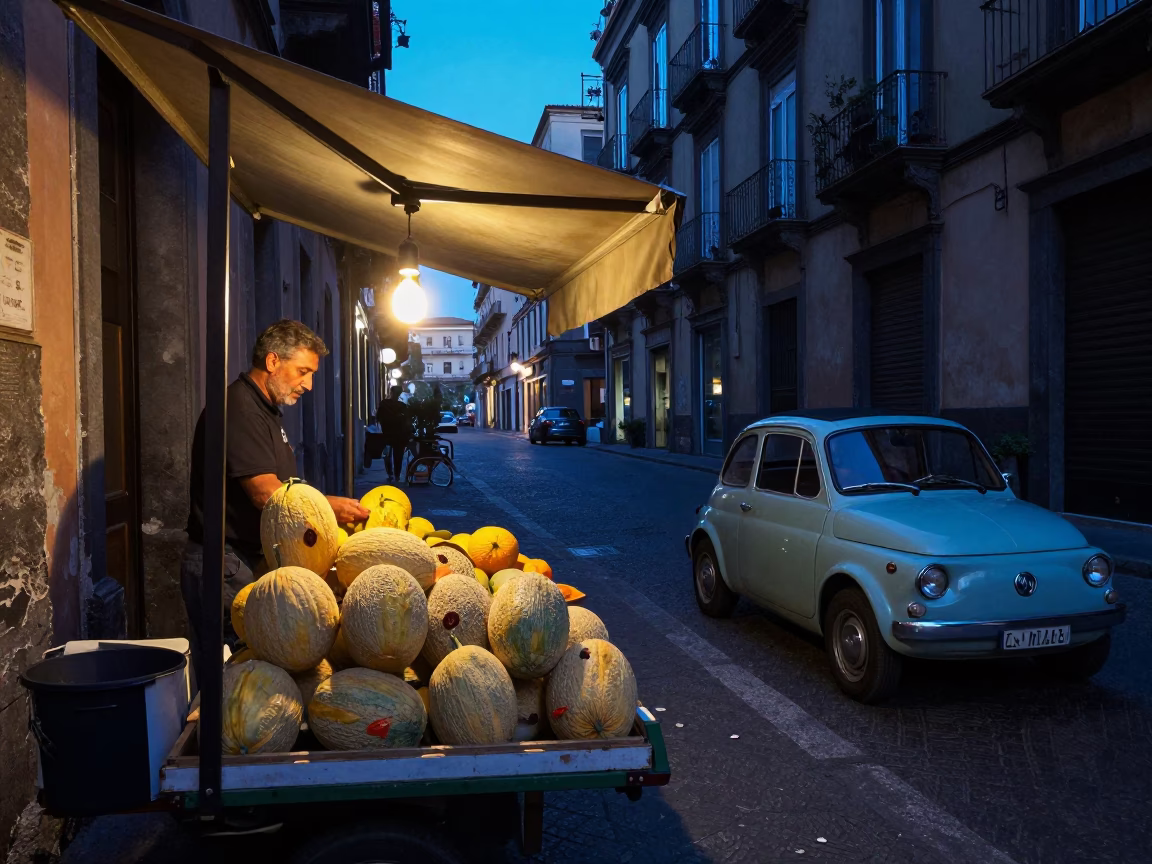 Blue Hour Naples Street Scene with Fruit Stall and Vintage Car in in Naples, Italy
