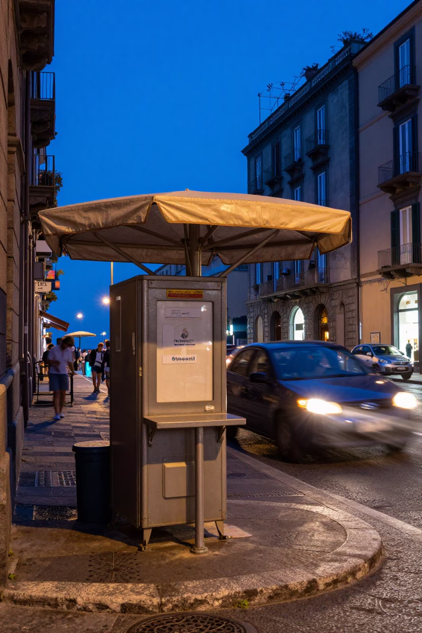 Blue Hour Naples Street Scene with Hotel Valet Stand and Headlight Streaks in in Naples, Italy