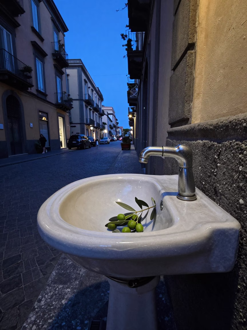 Blue Hour Naples Street Scene with Olives and Sink in in Naples, Italy