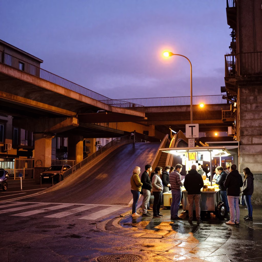 Blue Hour Naples Street Scene with Overpass Ramp and Rolling Carts in in Naples, Italy