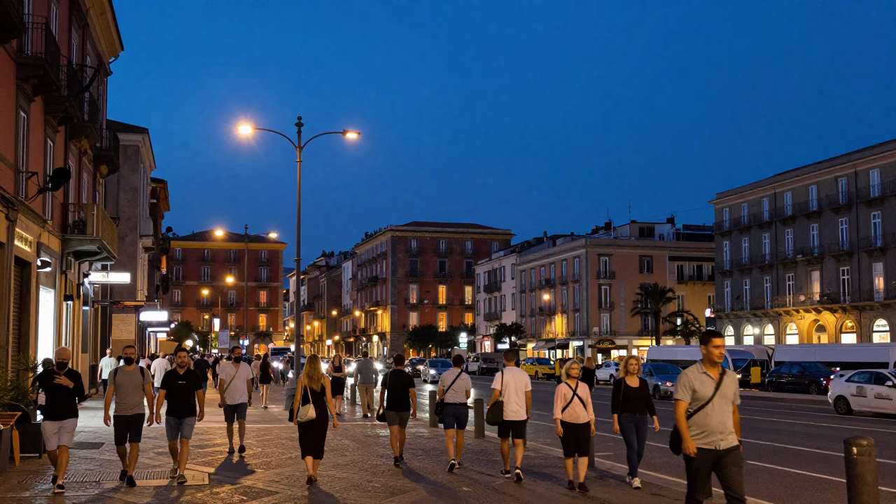 Blue Hour Naples Street Scene with Pedestrians and Urban Architecture in in Naples, Italy