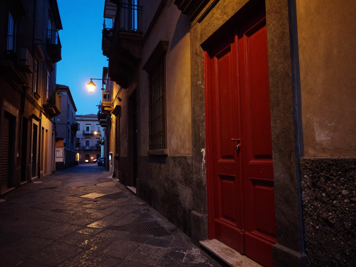 Blue Hour Naples Street Scene with Red Lacquered Wood Doorframe and Fresh Oysters in in Naples, Italy
