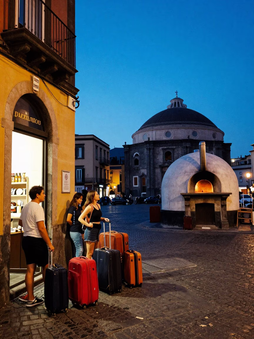 Blue Hour Naples Street Scene with Suitcases and Traditional Bread Oven in in Naples, Italy