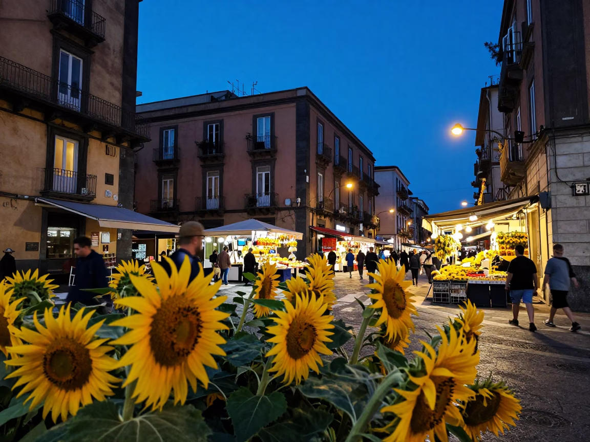 Blue Hour Naples Street Scene with Sunflowers and Local Life in in Naples, Italy