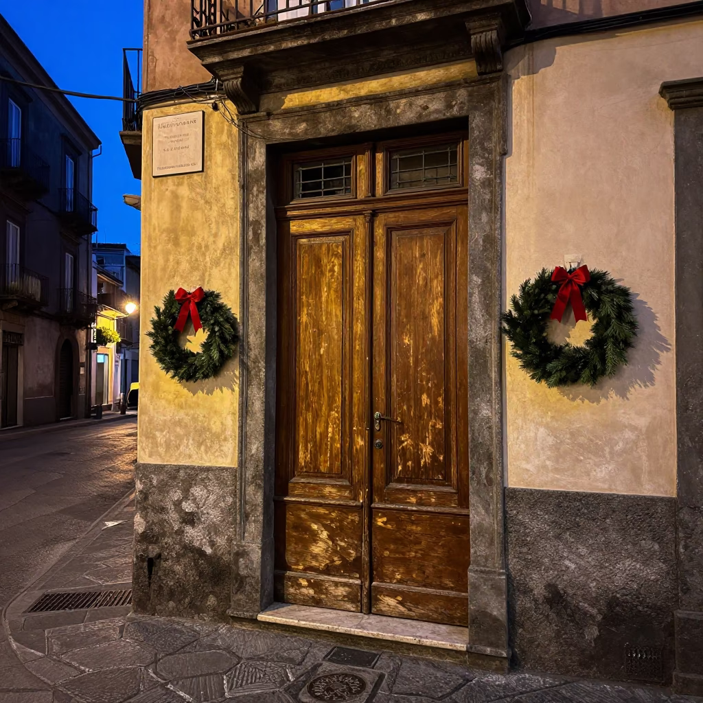 Blue Hour Naples Street Scene with Traditional Door Wreaths and Evening Ambiance in in Naples, Italy