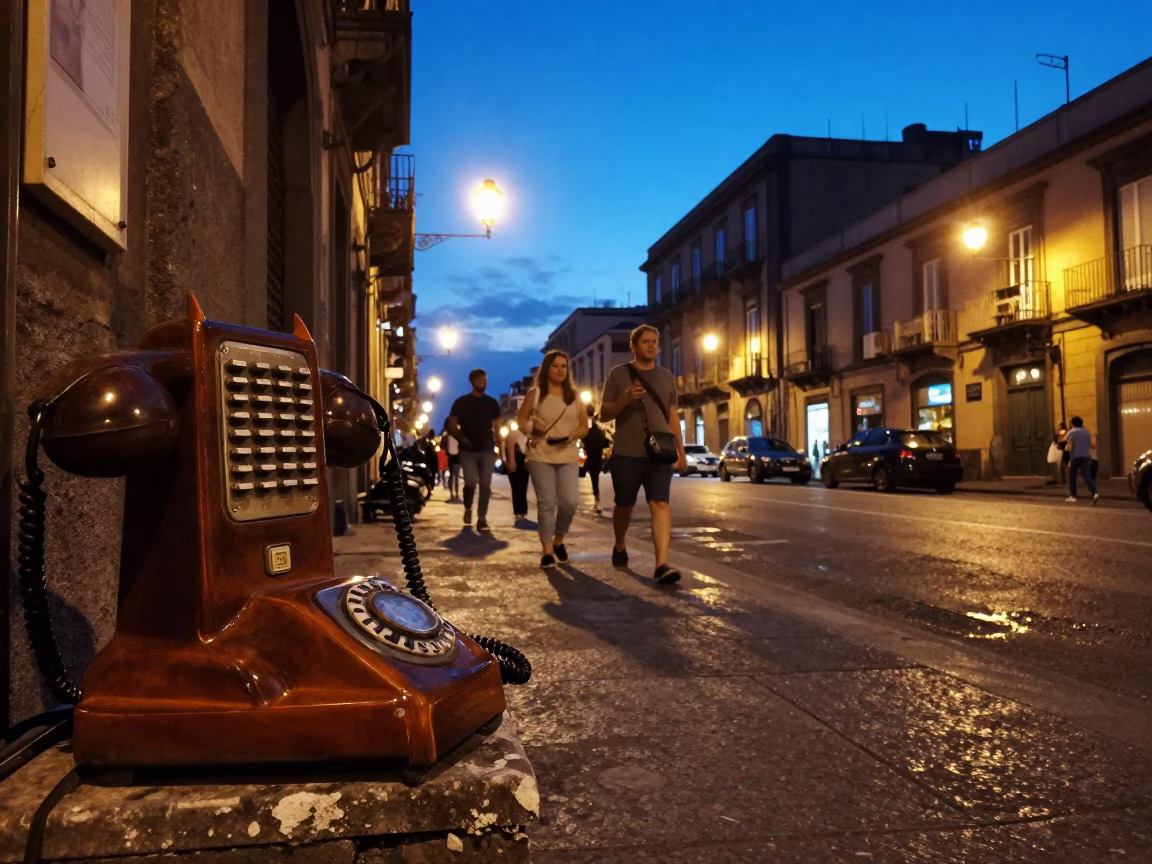 Blue Hour Naples Street Scene with Vintage Bakelite Telephone and Terracotta Bowls in in Naples, Italy
