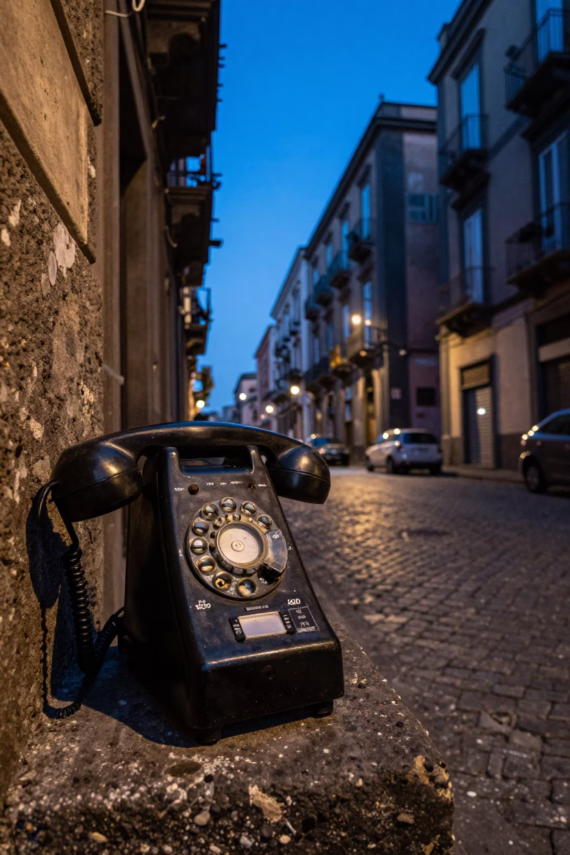Blue Hour Naples Street Scene with Vintage Bakelite Telephone and Urban Details in in Naples, Italy