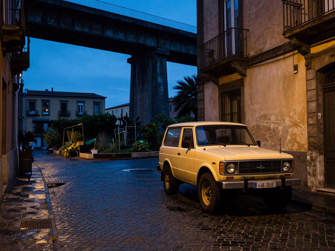 Blue Hour Naples Street Scene with Vintage Off Road SUV and Viaduct Shadow in in Naples, Italy