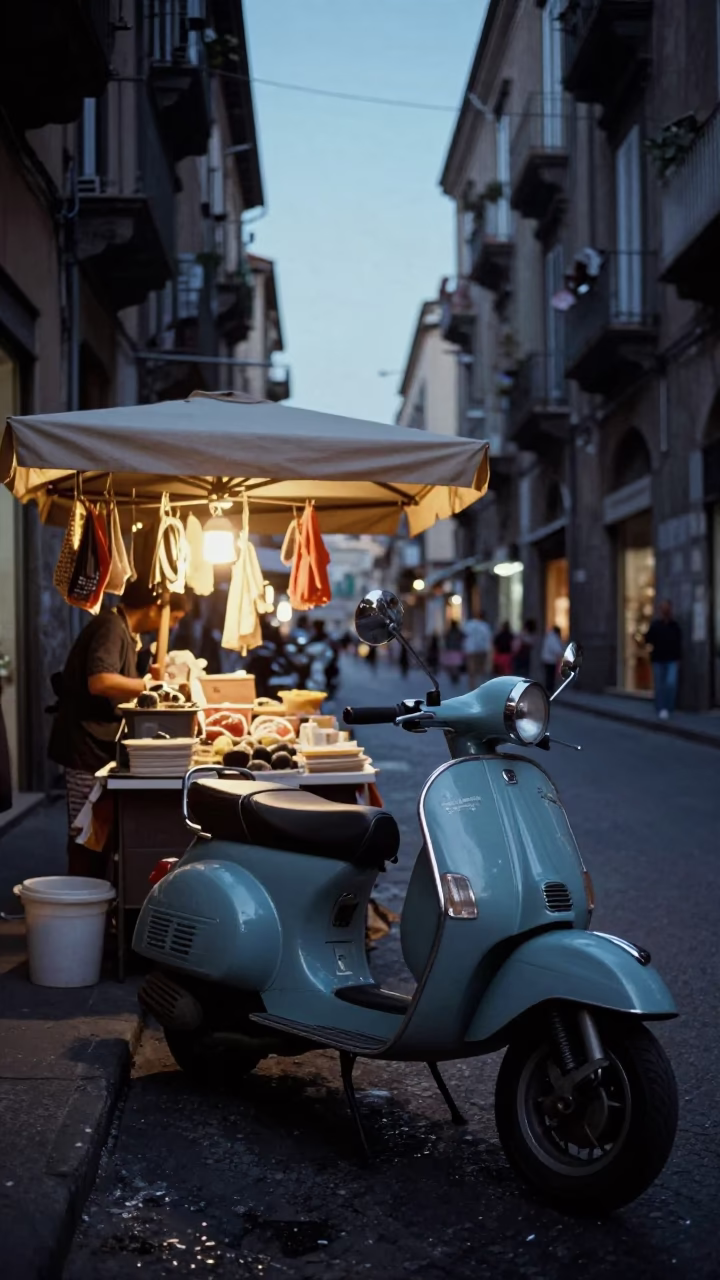 Blue Hour Naples Street Scene with Vintage Scooter and Market Stall Sardines in in Naples, Italy