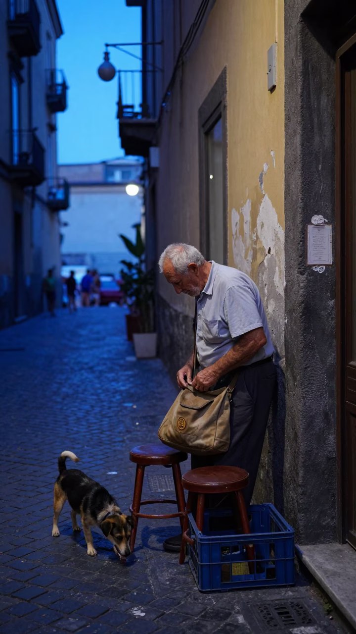 Blue Hour Naples Street Scene with Vintage Stool and Crate in Italian Alleyway in in Naples, Italy