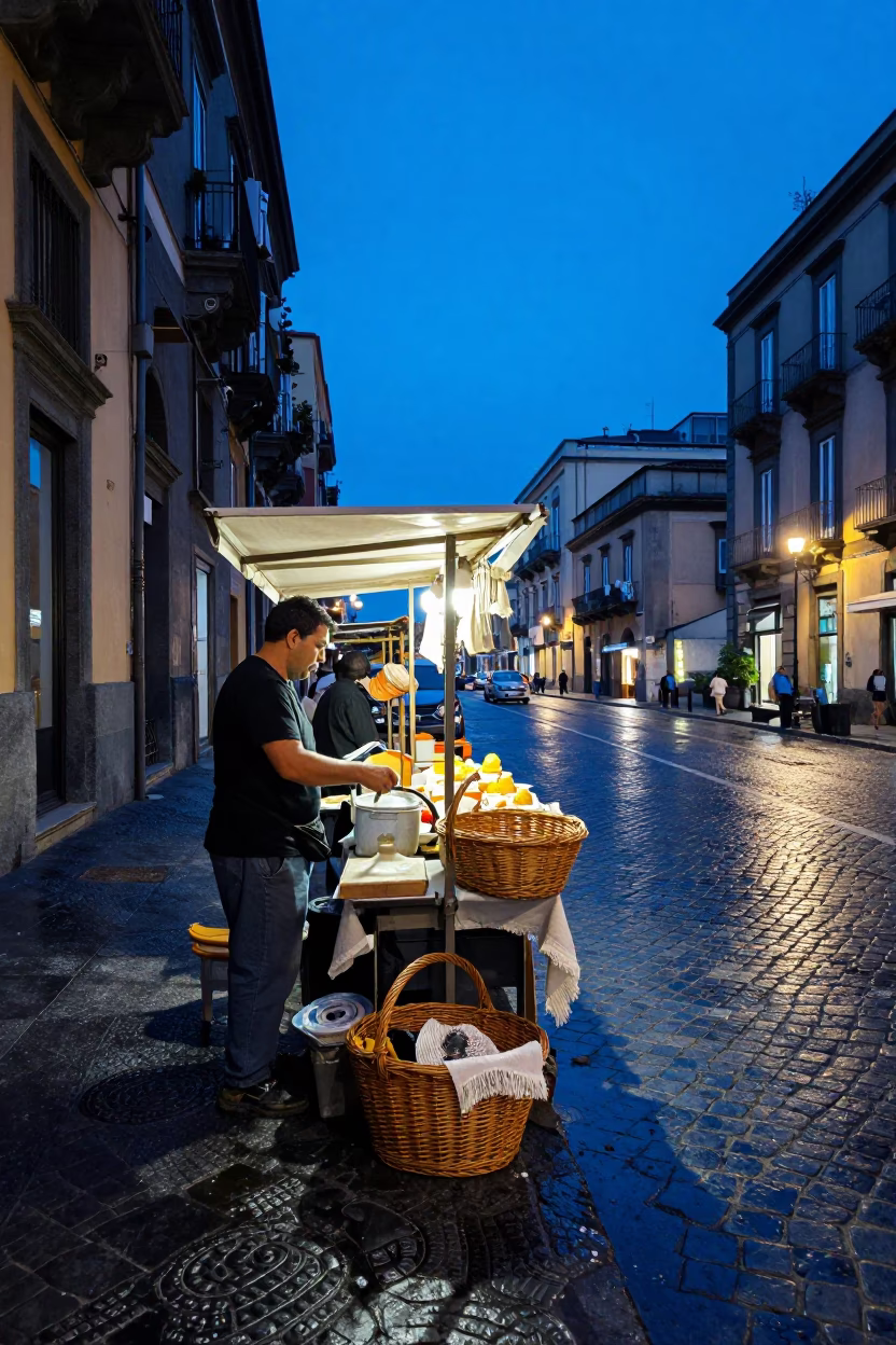 Blue Hour Naples Street Scene with Wicker Basket and Linen Fringe in in Naples, Italy