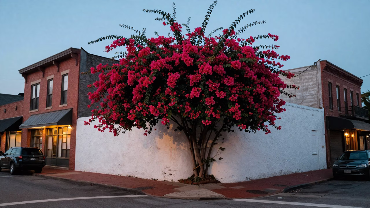 Blue Hour Nashville Street Scene with Bougainvillea and Local Architecture in in Nashville, Tennessee, United States