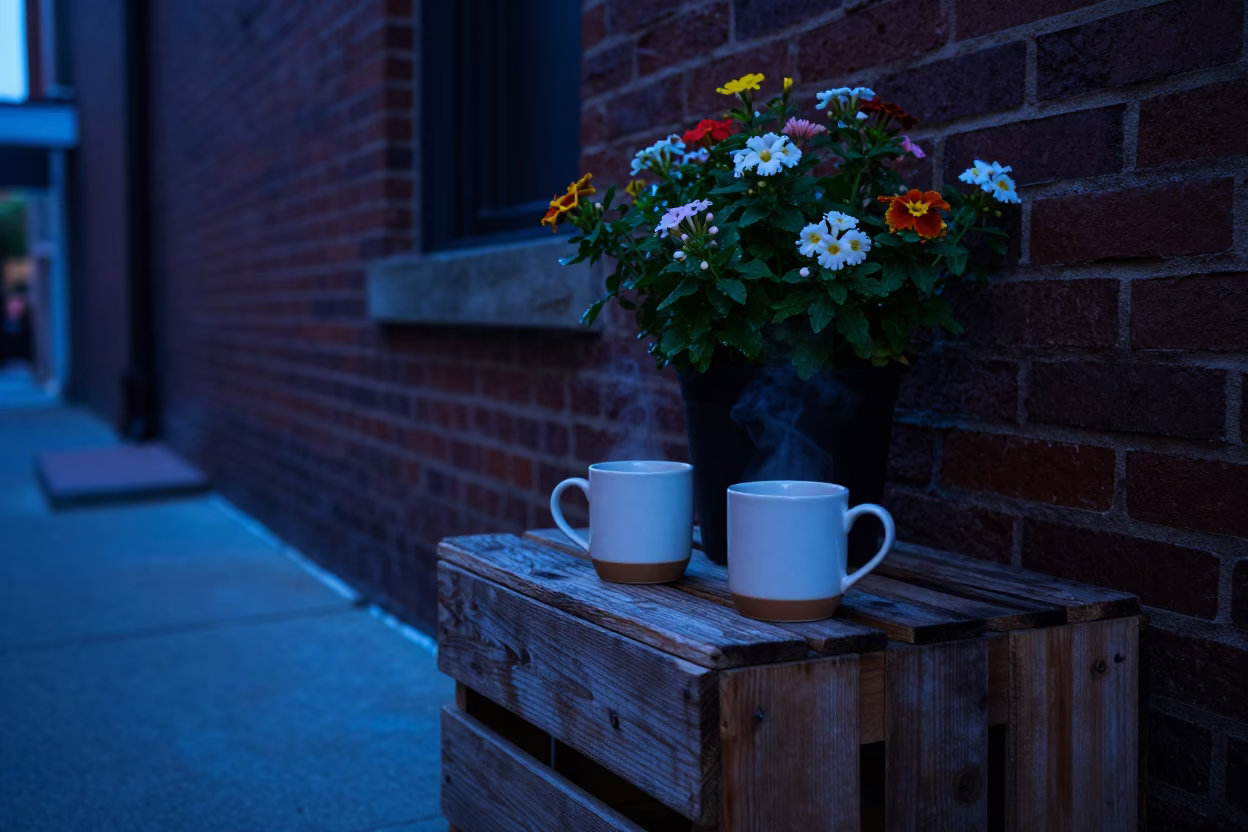 Blue Hour Nashville Street Scene with Coffee Mugs and Flowering Plant in in Nashville, Tennessee, United States