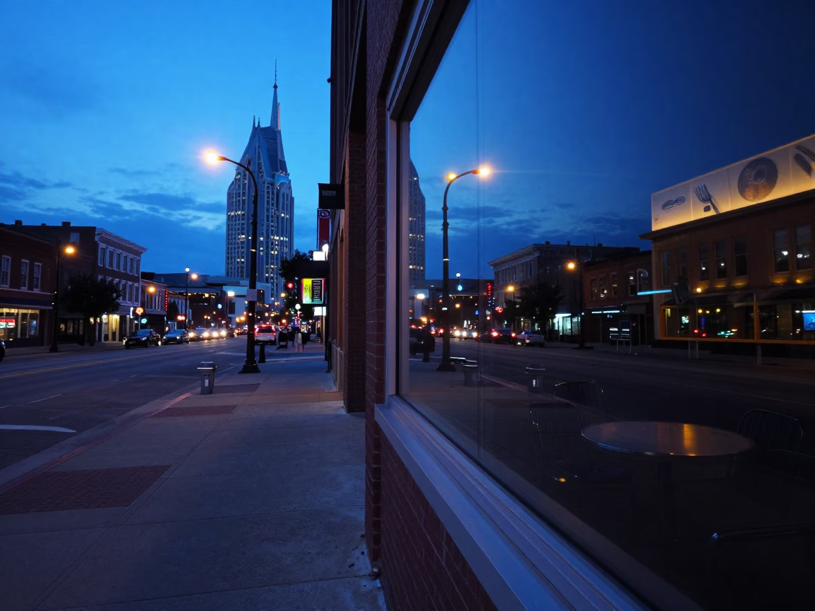 Blue Hour Nashville Tennessee Street Scene with Glass Edge and Cutlery Reflections in in Nashville, Tennessee, United States