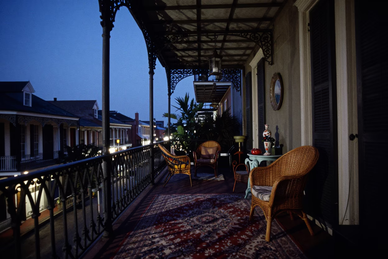 Blue Hour New Orleans Balcony Wicker Shadows and Vintage Interior Details in in New Orleans, Louisiana, United States