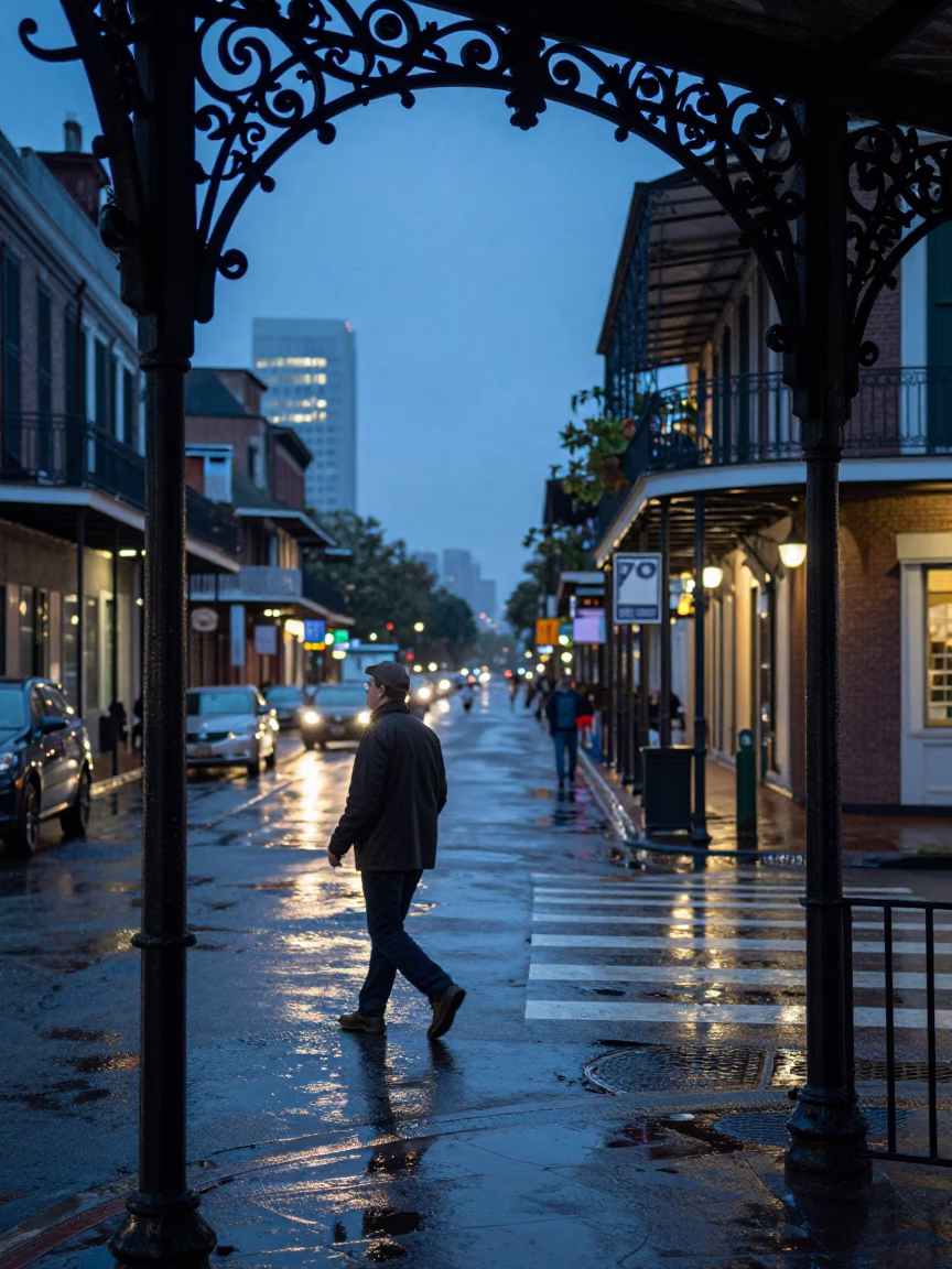 Blue Hour New Orleans Ironwork and Wet Street Scene in in New Orleans, Louisiana, United States
