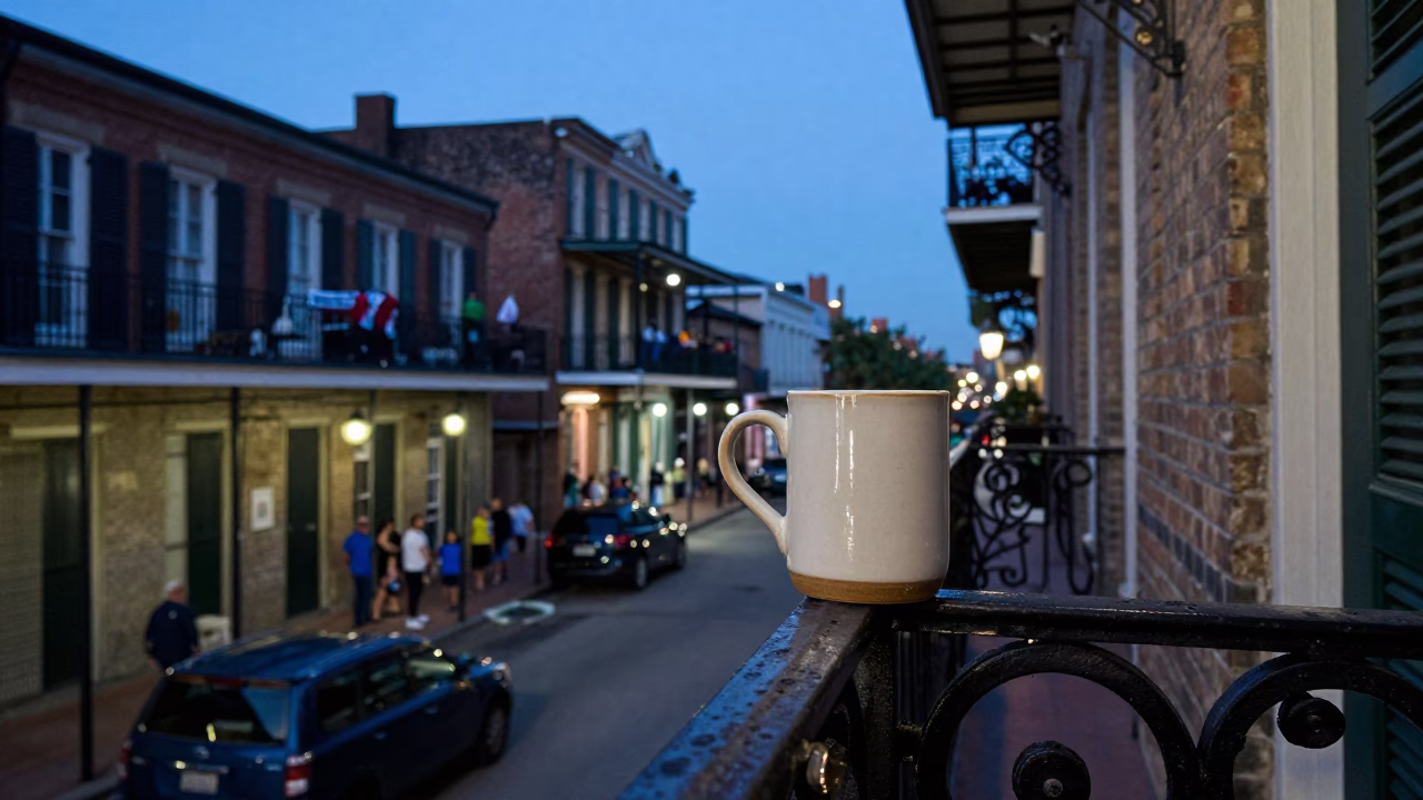 Blue Hour New Orleans Street Scene with Mug and Drying Rack in in New Orleans, Louisiana, United States
