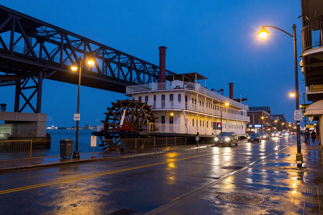 Blue Hour New Orleans Street Scene with Paddlewheel Steamboat and Iron Architecture in in New Orleans, Louisiana, United States